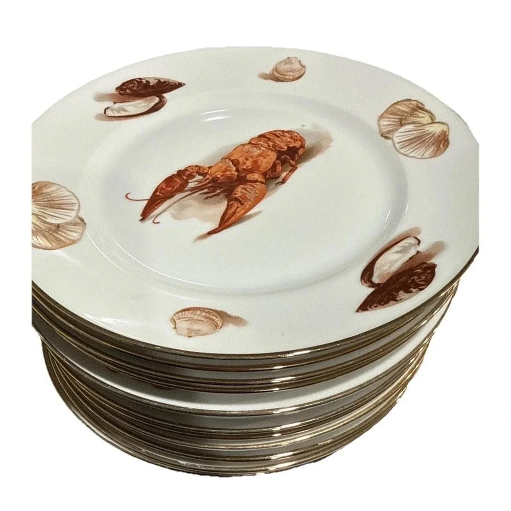 Vintage JK Decor Carlsbad Lobster Seashell Porcelain‎ Plates West Germany Gold